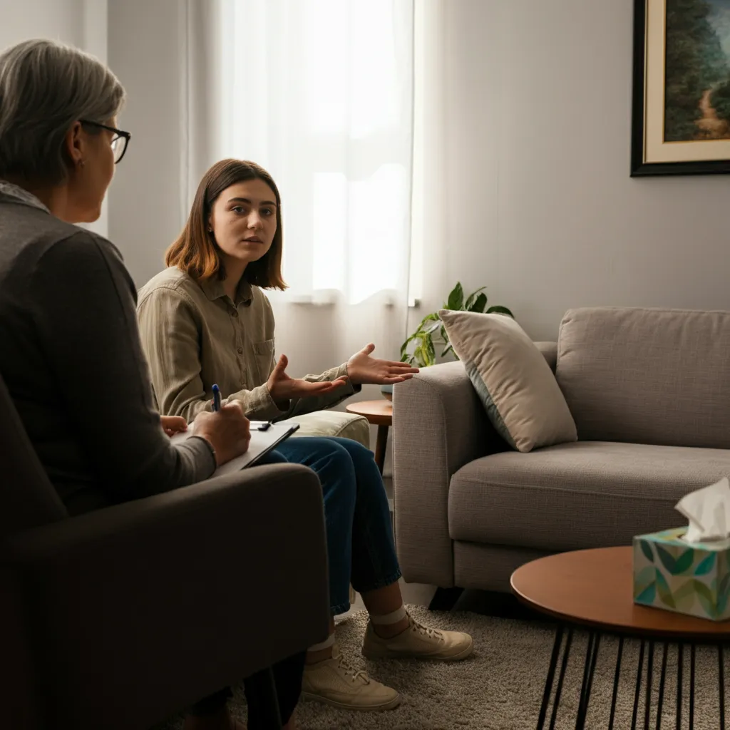 Person seeking professional help for anxiety symptoms, talking to a therapist in a supportive environment.