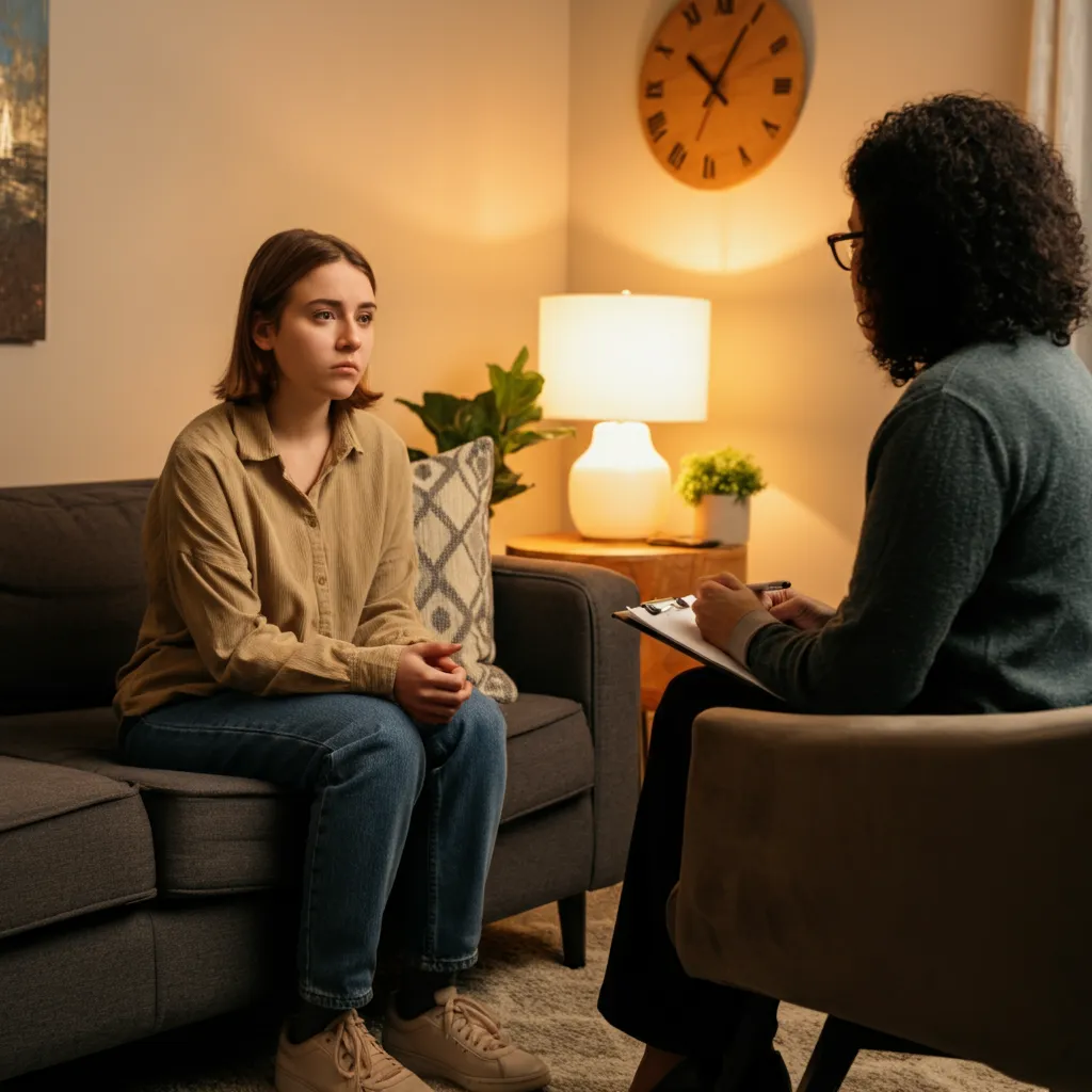 A person talking to a therapist, representing the importance of seeking professional help for emotional detachment and mental health support.