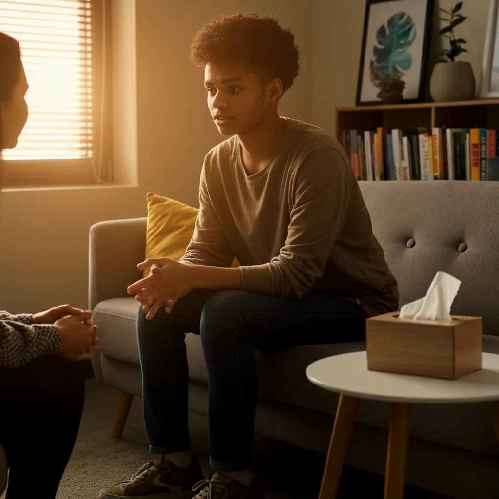 Teenager talking to a therapist about depression, representing the importance of seeking professional help after discussing mental health with parents.