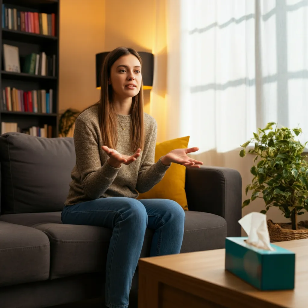 A person talking to a therapist, representing the importance of seeking professional support during anxiety recovery.