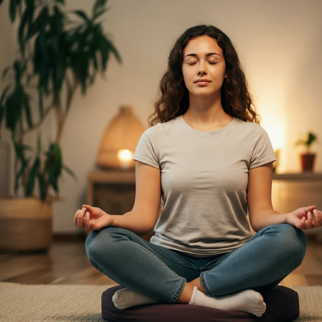 Person practicing self-care strategies for anxiety relief, including mindfulness, deep breathing, and yoga.