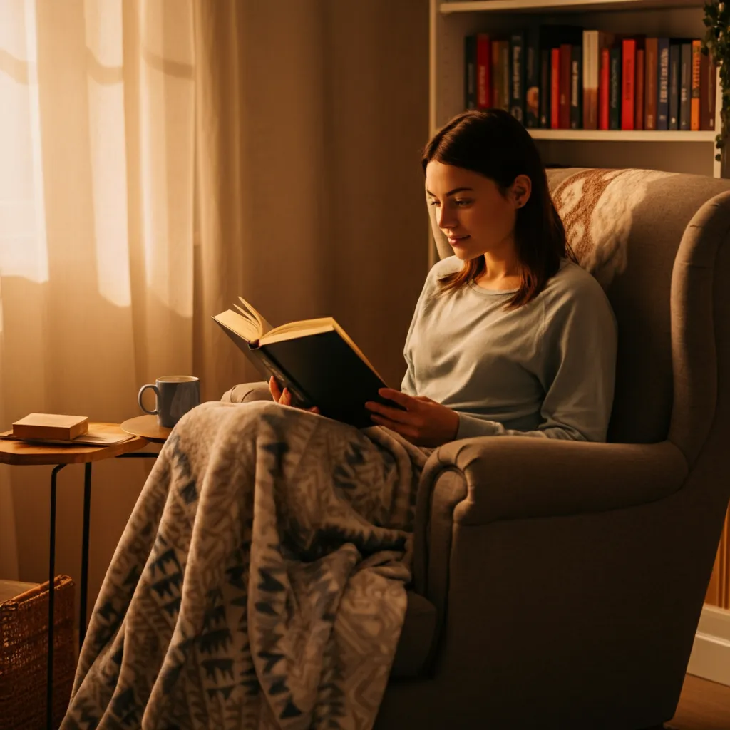 Person practicing self-care for anxiety management by taking deep breaths in a peaceful setting.