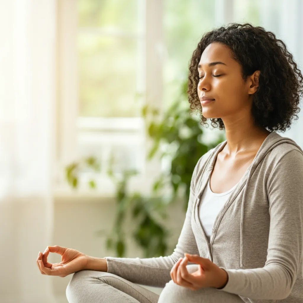 Person practicing self-care for mental wellness by meditating outdoors.