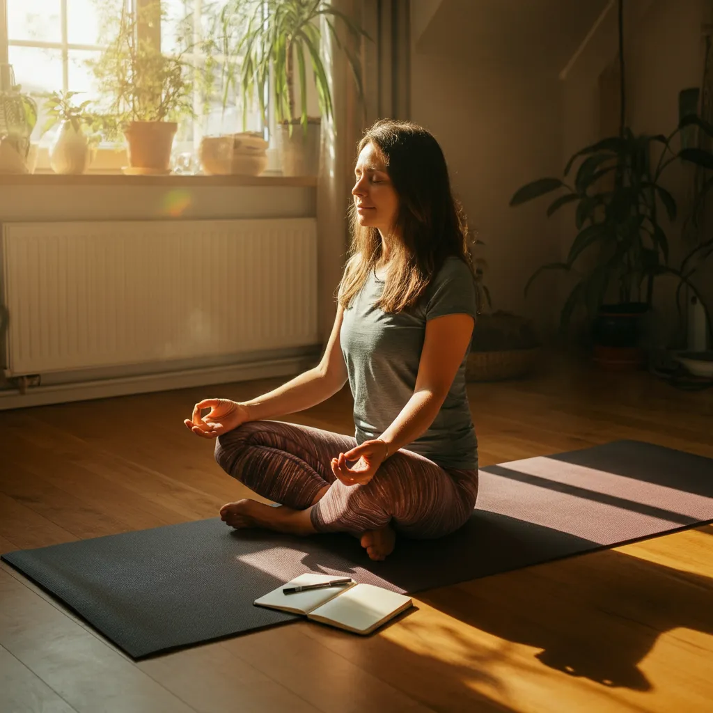 Woman prioritizing self-care and personal growth activities like exercise, mindfulness, and journaling to heal after an emotional affair.