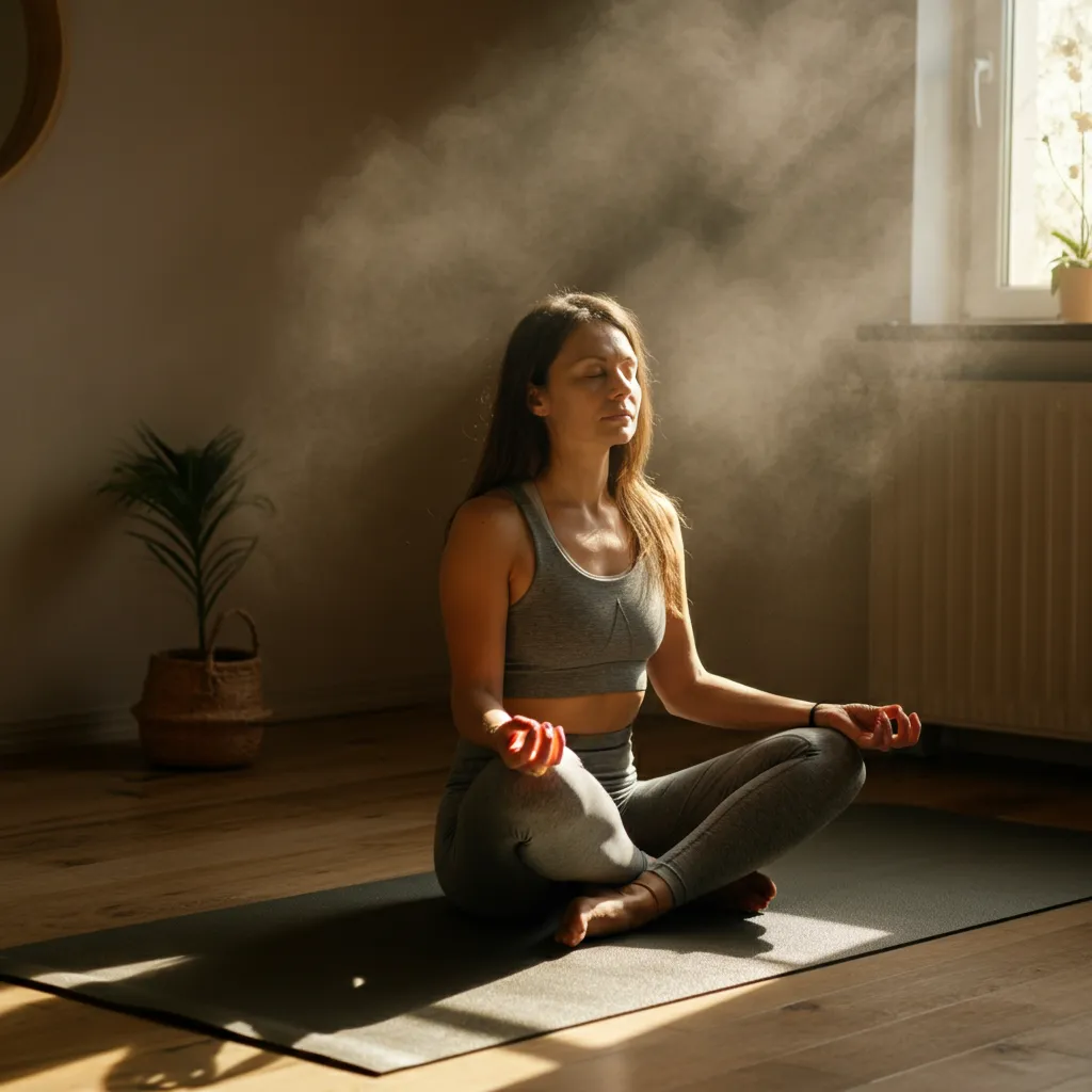 Woman finding peace and practicing self-care during emotional detachment from husband. Activities include mindfulness, exercise, journaling, and hobbies.