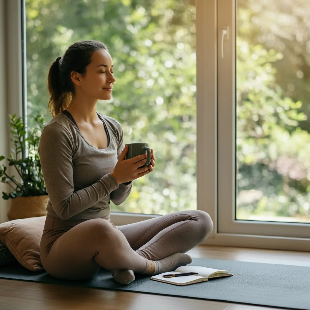 Serene person practicing self-care techniques for trauma recovery, including mindful breathing and journaling, symbolizing healing and well-being.