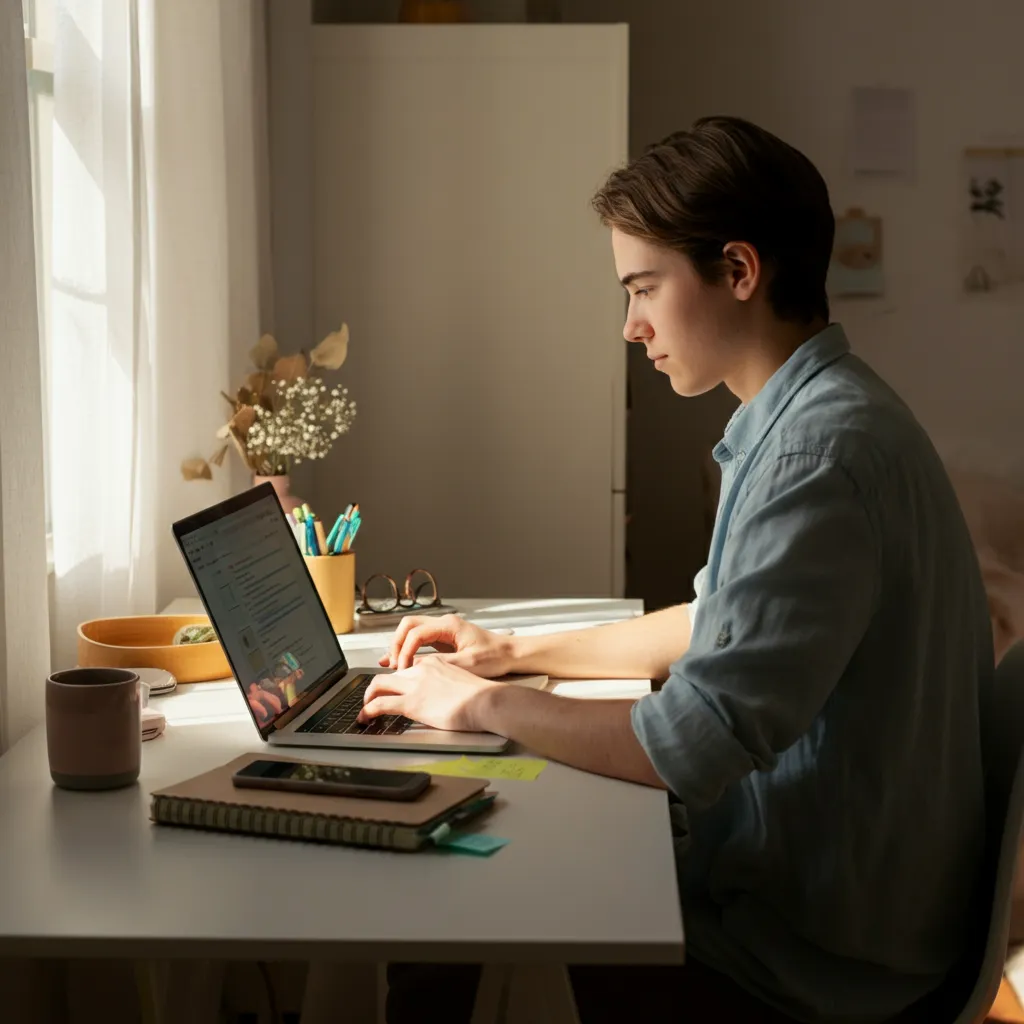 Person with ADHD working on a laptop, organizing their daily routine and tasks to build self-discipline.