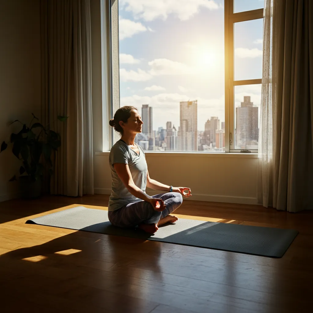 Person practicing self-help strategies, like deep breathing, to manage their fear of heights.