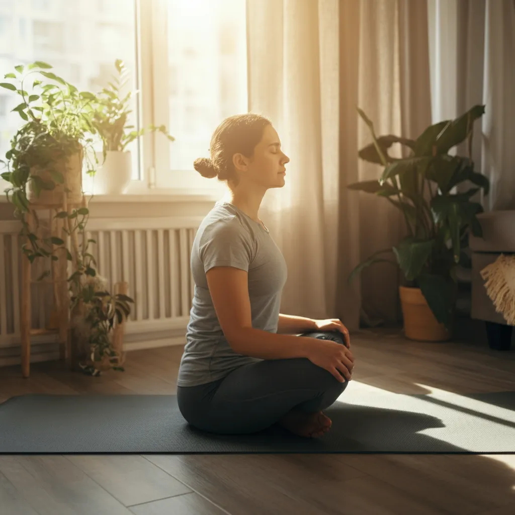 Person practicing self-help strategies for managing stuttering anxiety, such as relaxation techniques and positive self-talk.