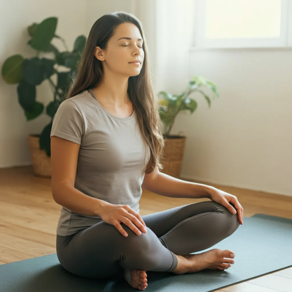 Person practicing self-help strategies like deep breathing to stop teeth chattering from anxiety.