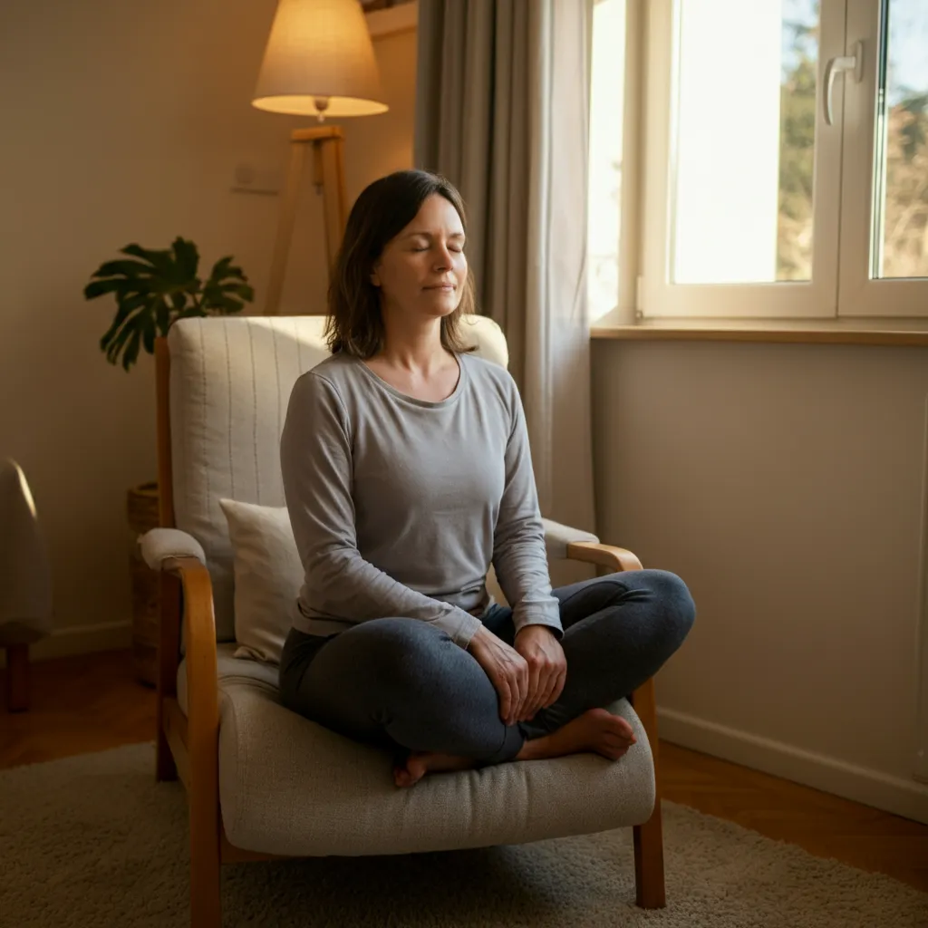 Person practicing self-help techniques for managing the fear of choking, including deep breathing exercises.