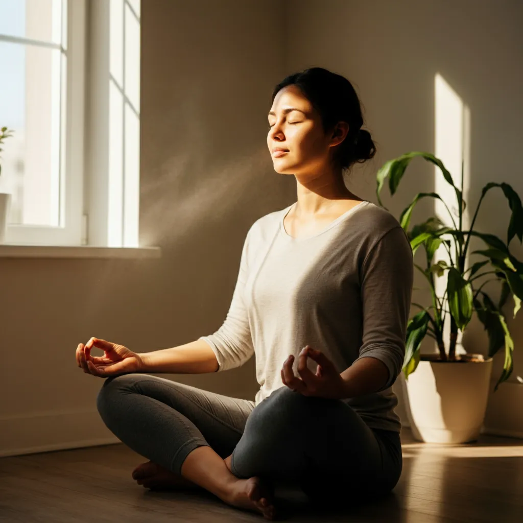 Person practicing self-regulation techniques, such as deep breathing, to manage emotional responses effectively.