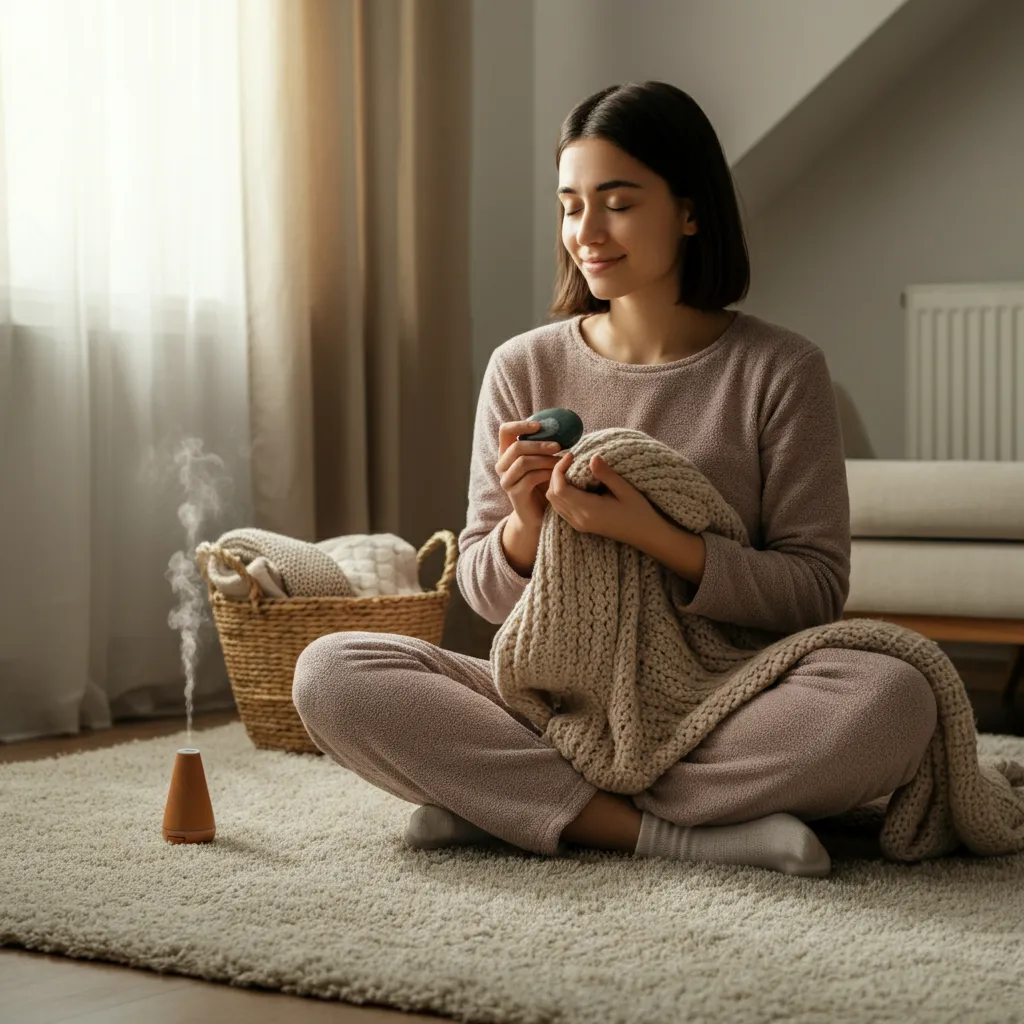 Person relaxing using sensory strategies, such as aromatherapy and weighted blankets.