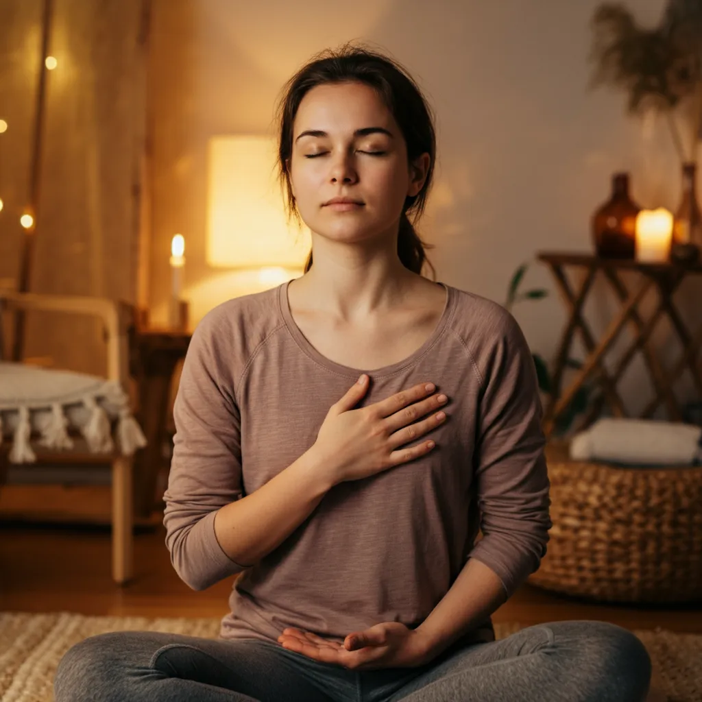 A calming image representing various short-term stress management techniques, such as deep breathing, mindfulness, and positive self-talk.