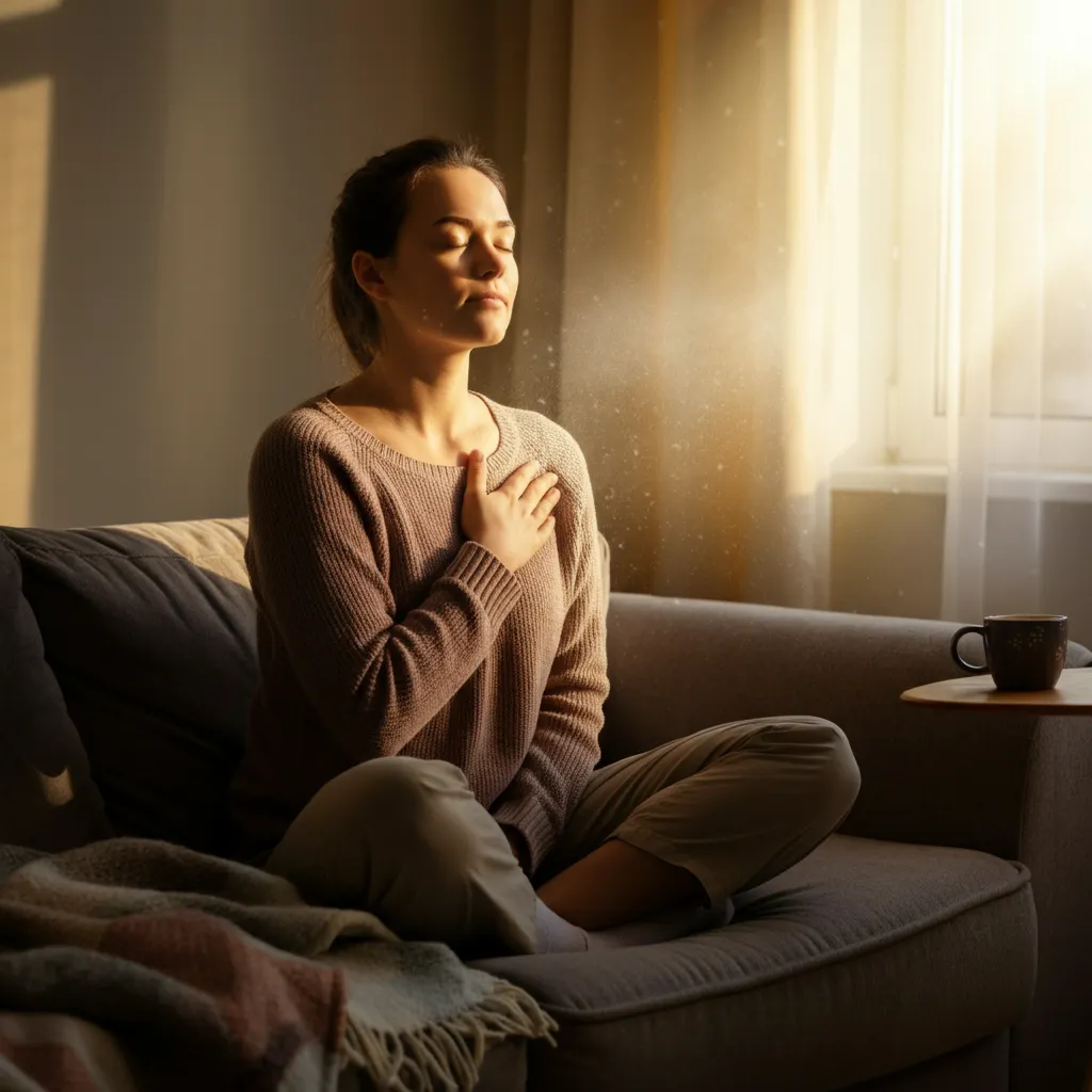 Person peacefully reflecting on their emotions, illustrating the concept of emotional processing and mindfulness.