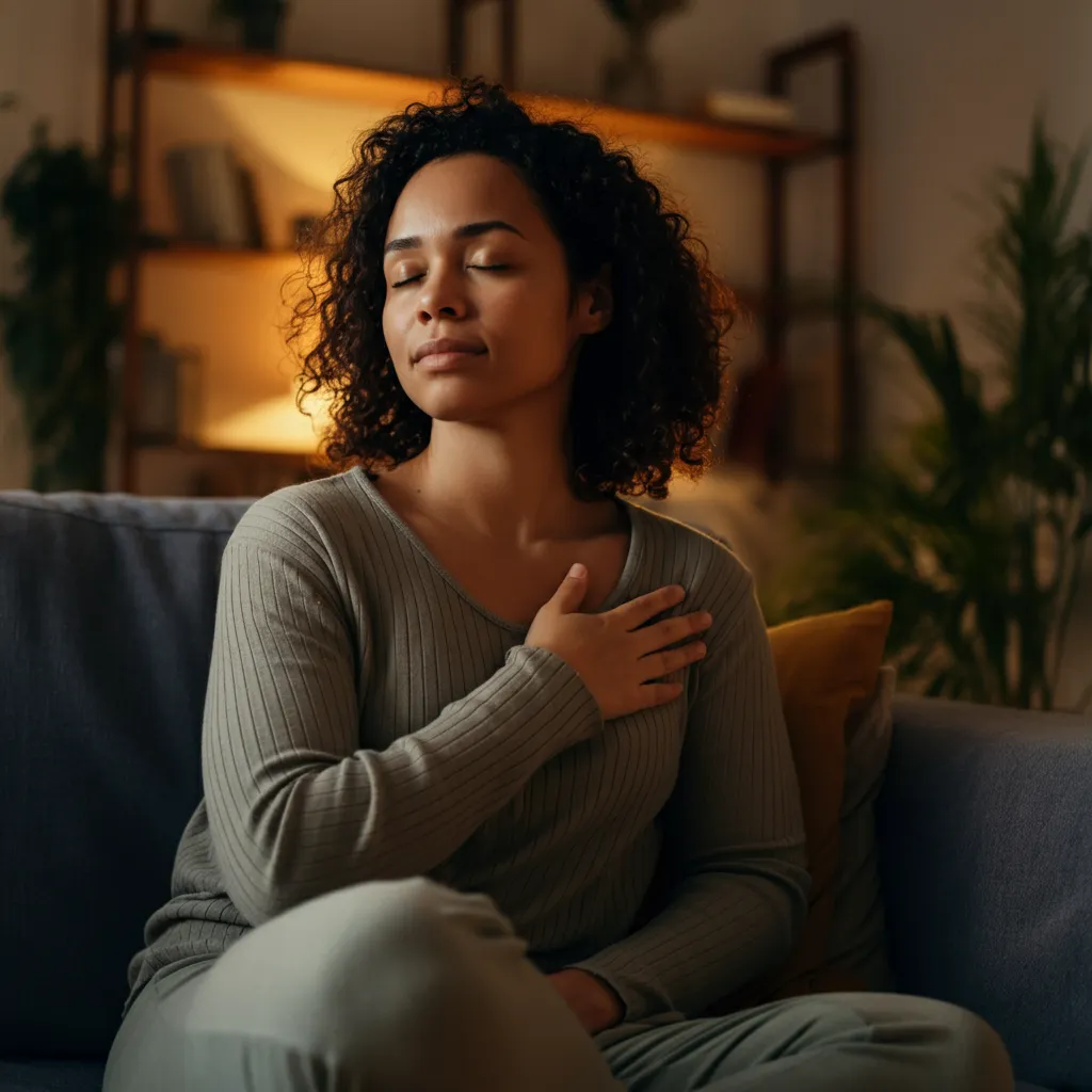 Person peacefully acknowledging their emotions, representing the concept of sitting with emotions for improved mental well-being.