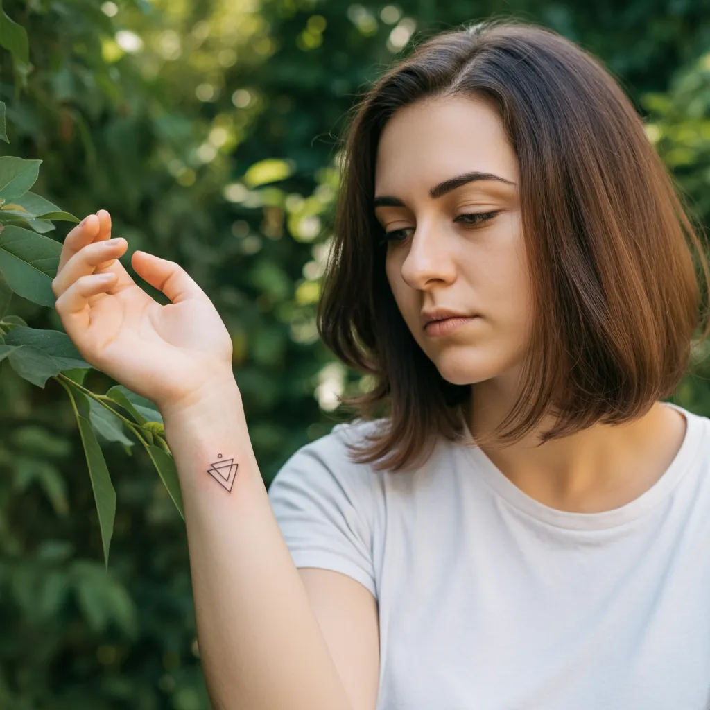 Subtle and minimalist ADHD tattoo designs on wrist, ankle, behind ear, and finger. Ideas include triangles, waves, semicolons, and personal interests.