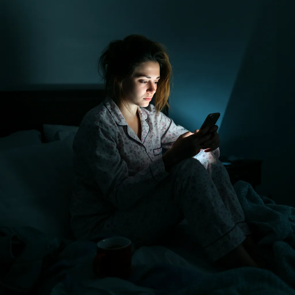 Person looking stressed while using their phone, representing the negative impacts of social media addiction.