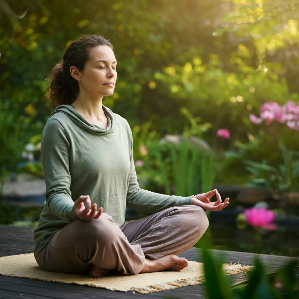 Serene person meditating, symbolizing spiritual well-being and inner peace practices.