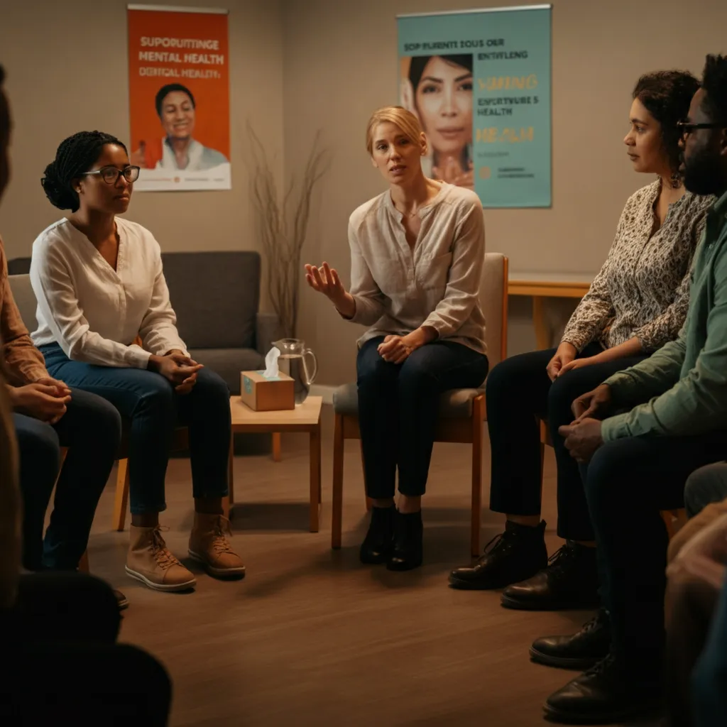 Diverse group of people sitting in a circle, engaged in conversation, symbolizing a peer support group meeting.