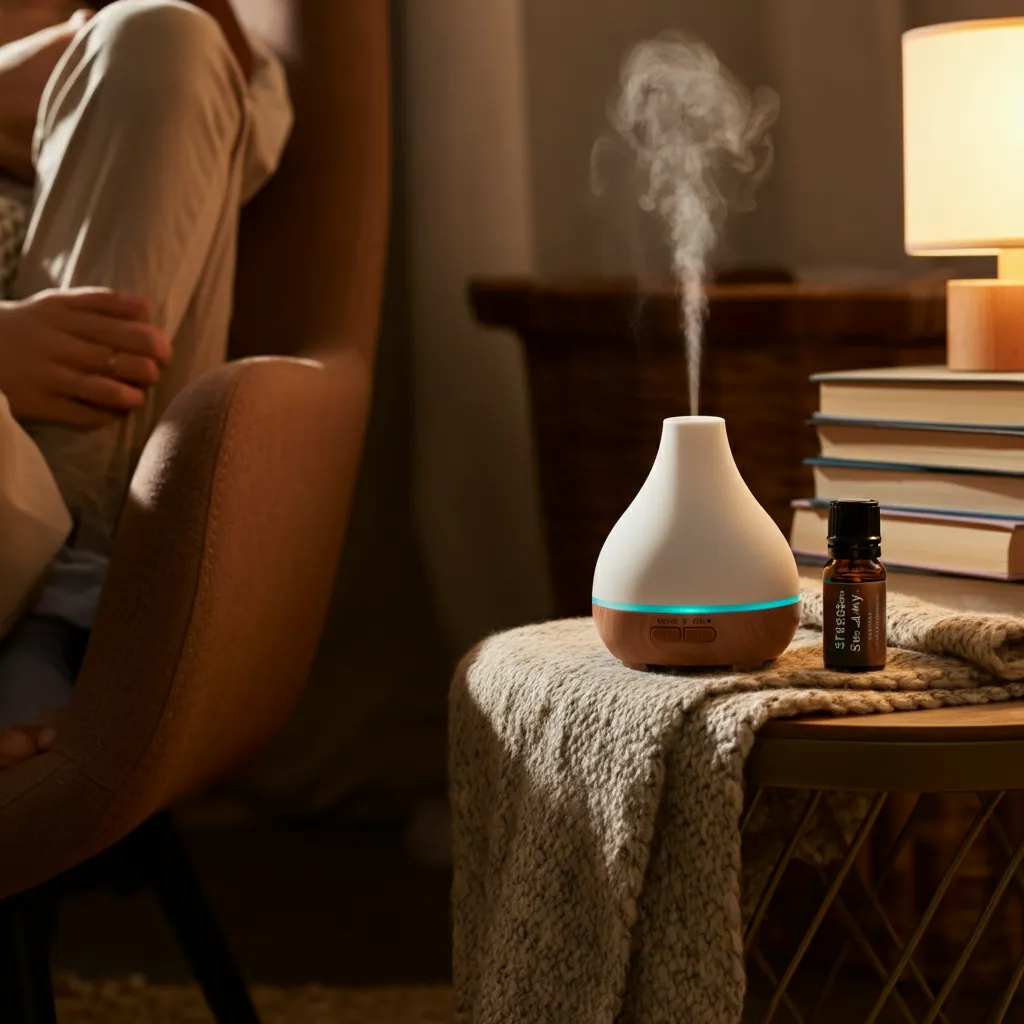 Stress Away essential oil blend in a diffuser with calming background.