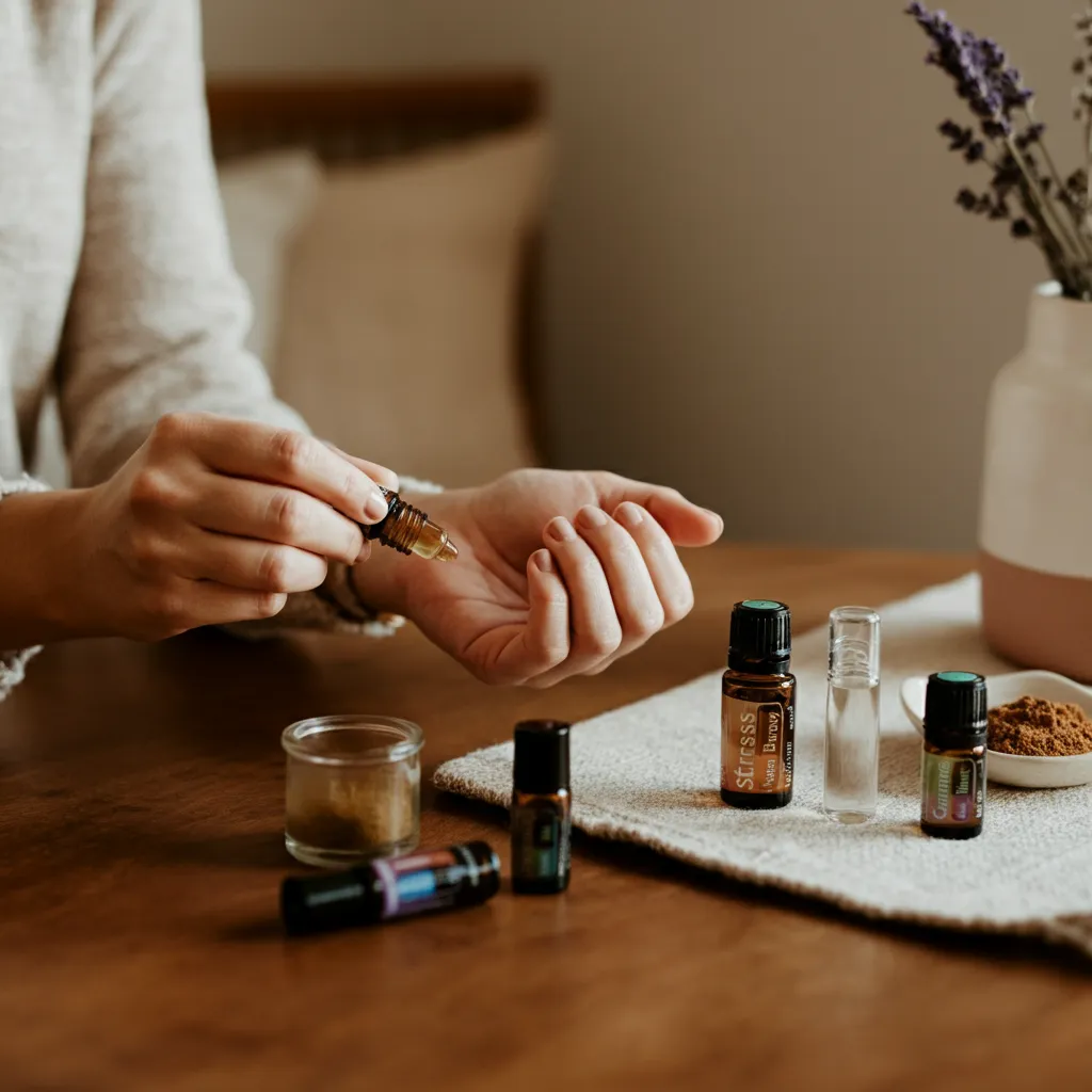 Close-up of two stress away roller bottles with ingredients laid out.