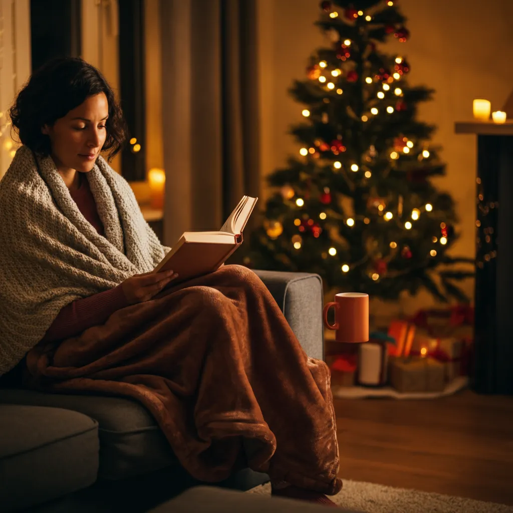 Person relaxing by a fireplace during the holidays, symbolizing stress-free holiday planning and self-care tips.