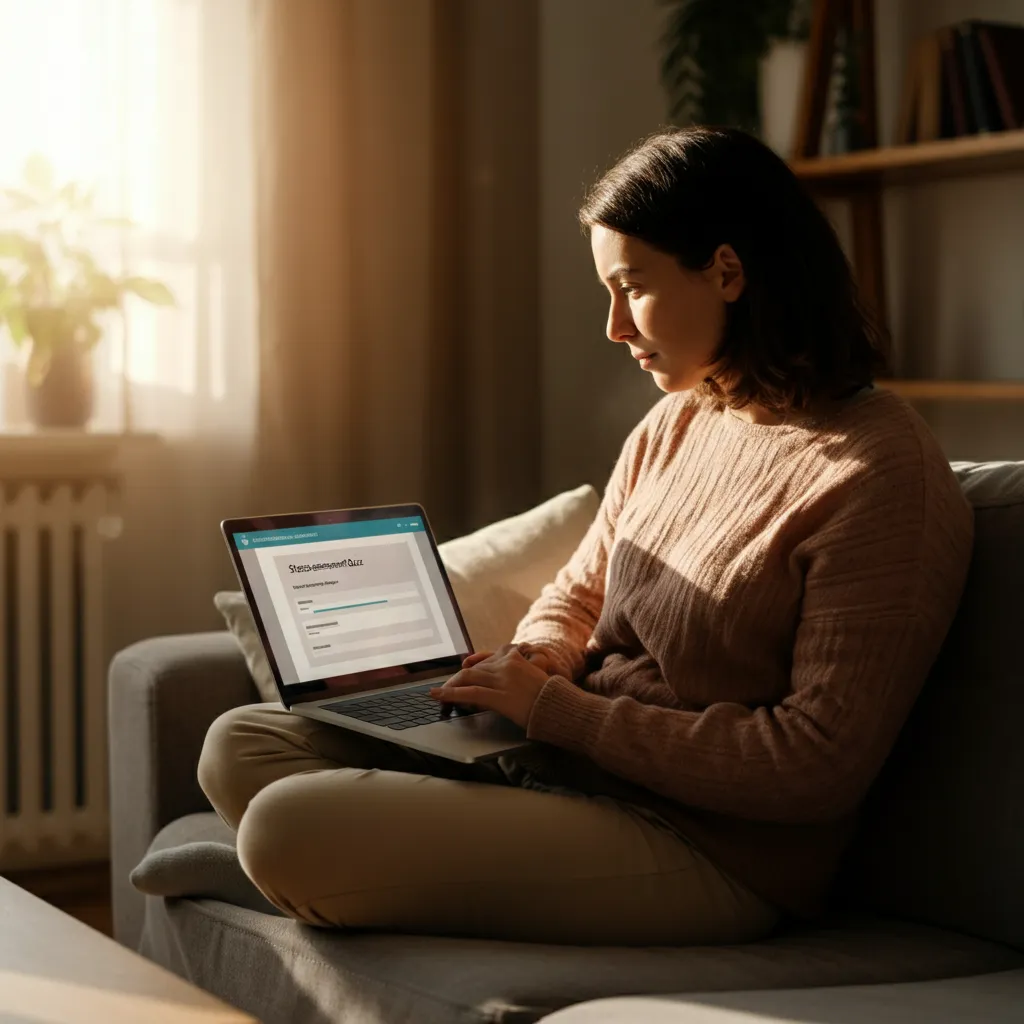 Person taking a stress level assessment quiz on a laptop.