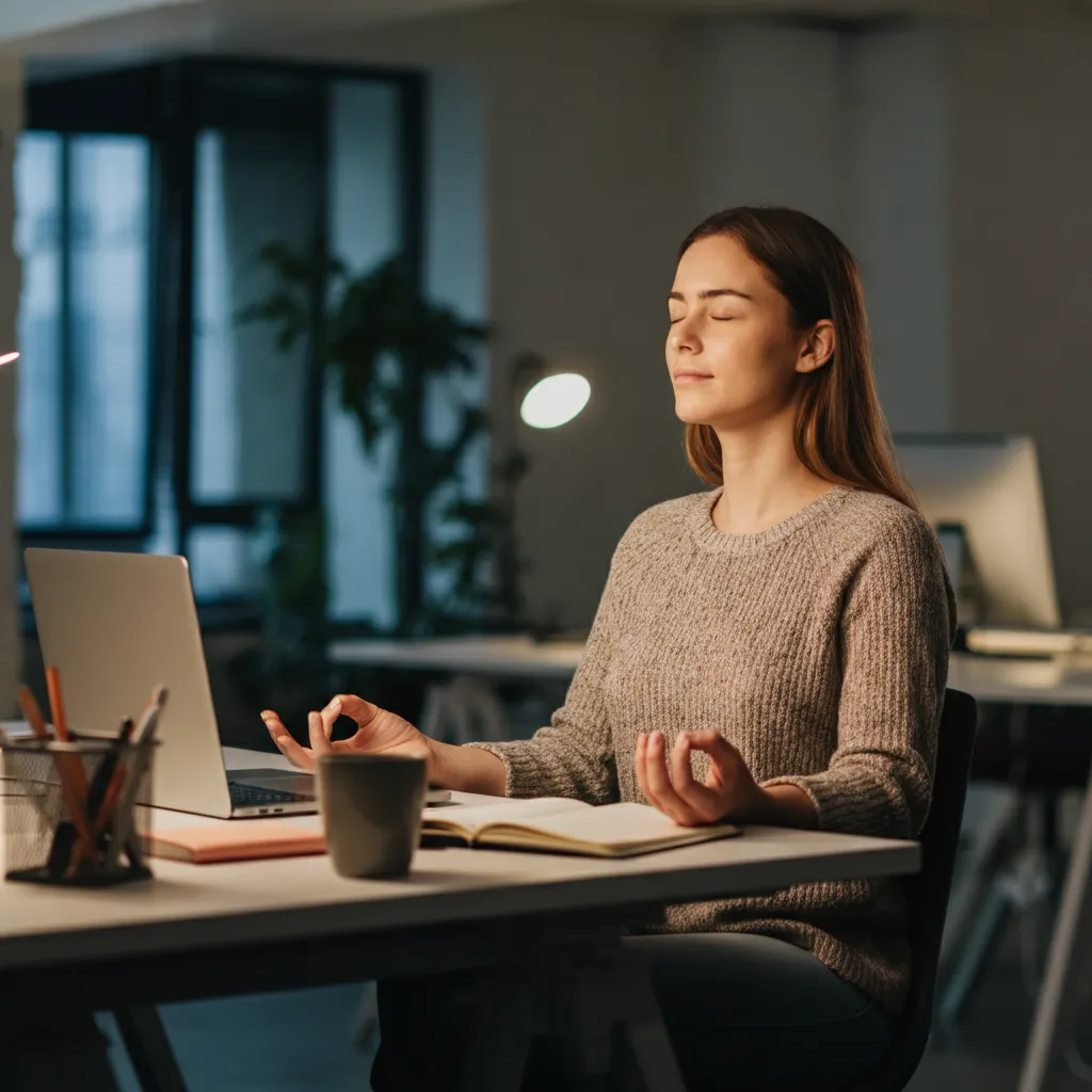 Person practicing stress management techniques at work, such as time management, mindfulness, and taking breaks.