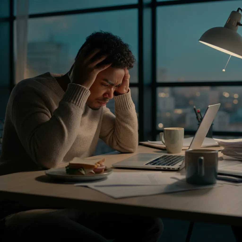 A person practicing stress management techniques in the workplace, such as deep breathing or taking a break.