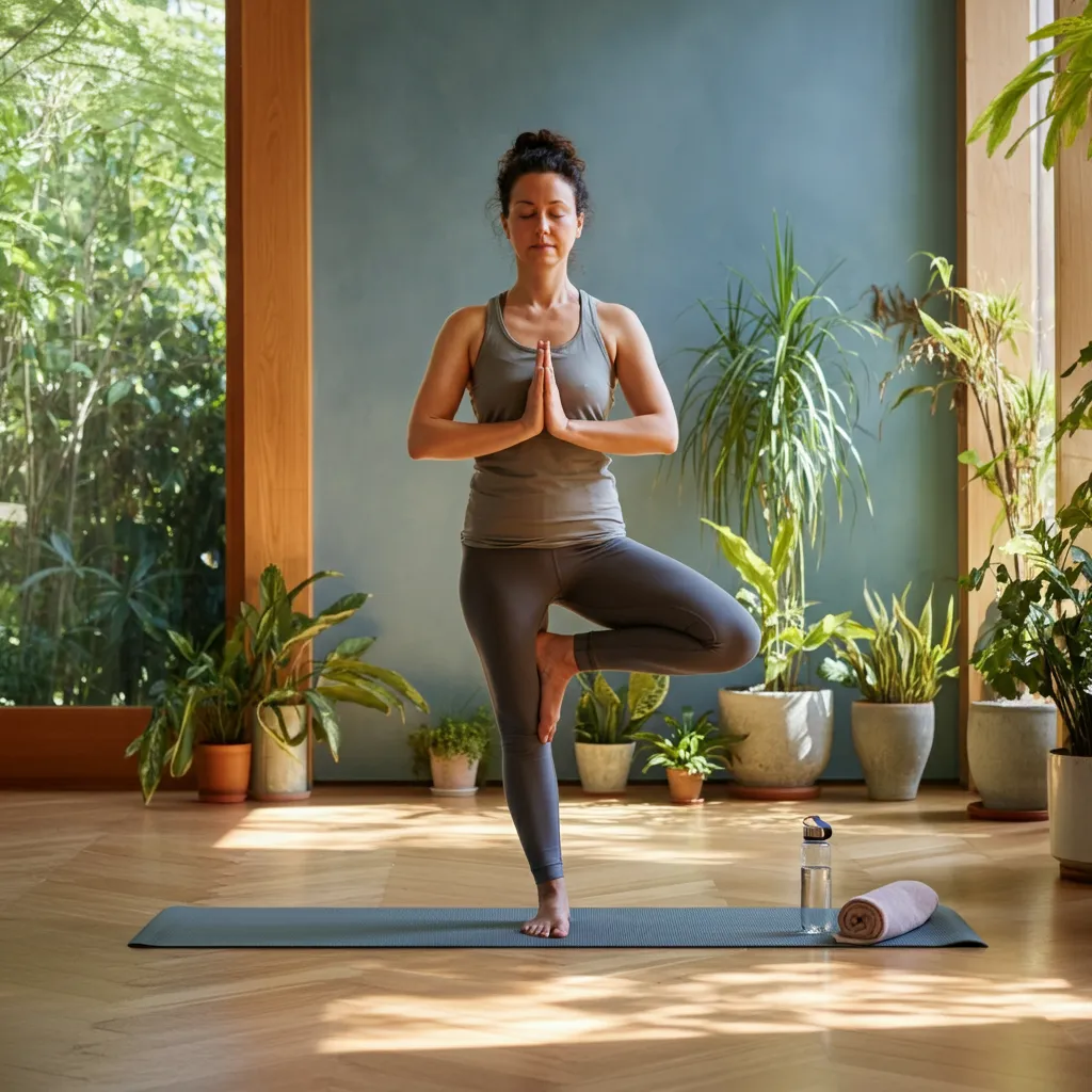 A calming image representing various stress management techniques, including mindfulness, deep breathing, and exercise.