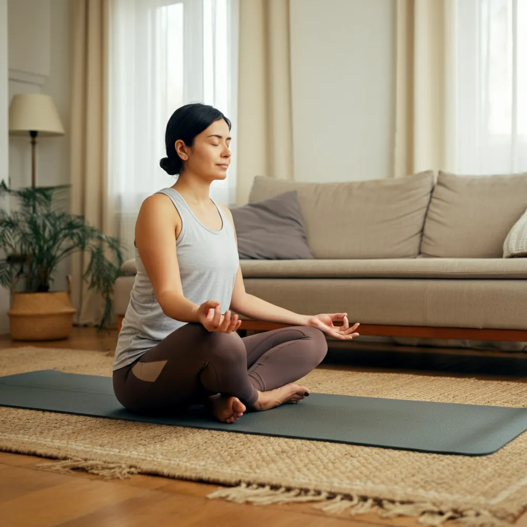 Person relaxing and practicing stress management techniques like deep breathing.