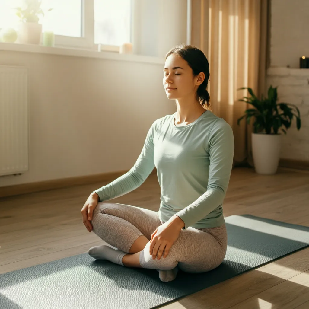 A calming image representing various stress management techniques, including deep breathing, mindfulness, and exercise, promoting a sense of peace and well-being.