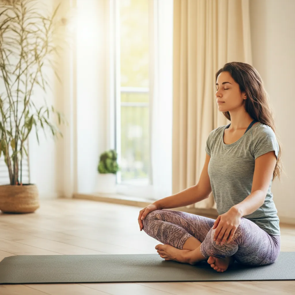 Person practicing stress management techniques, such as deep breathing, to navigate daily challenges and improve mental wellness.