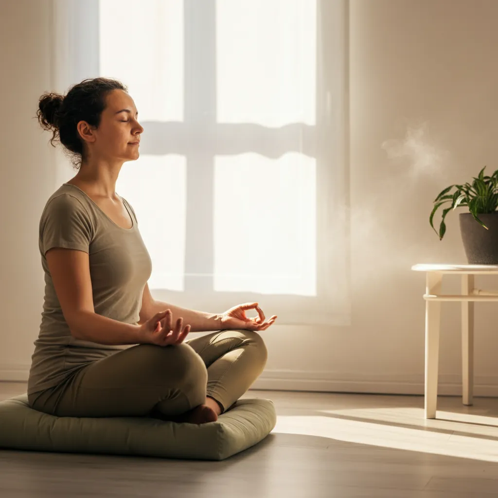 Person practicing stress management techniques, such as deep breathing or meditation, to improve mental well-being.