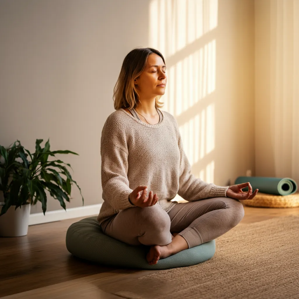 A calming image representing various stress management techniques, including mindfulness, deep breathing, and positive self-talk.