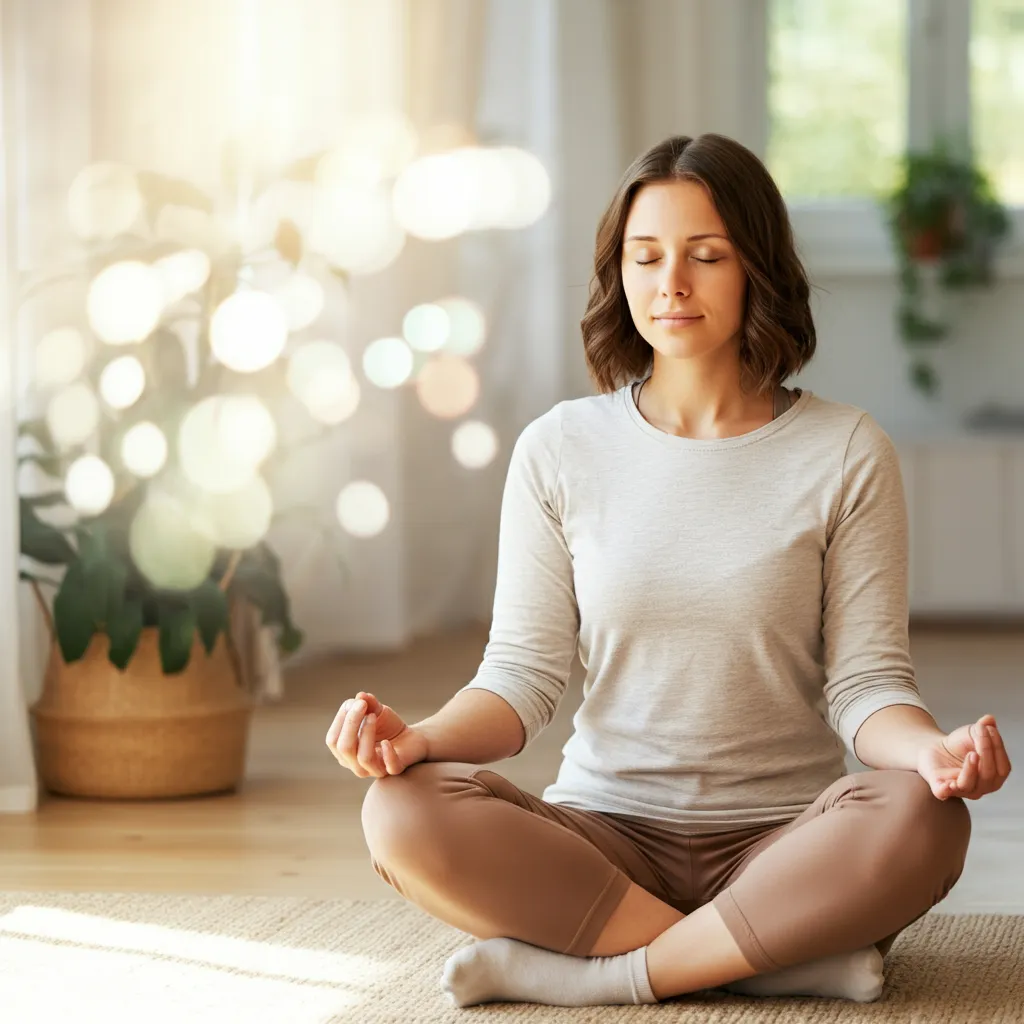 Person practicing stress management techniques like mindfulness, meditation, and deep breathing exercises to improve cognitive function and protect brain health.