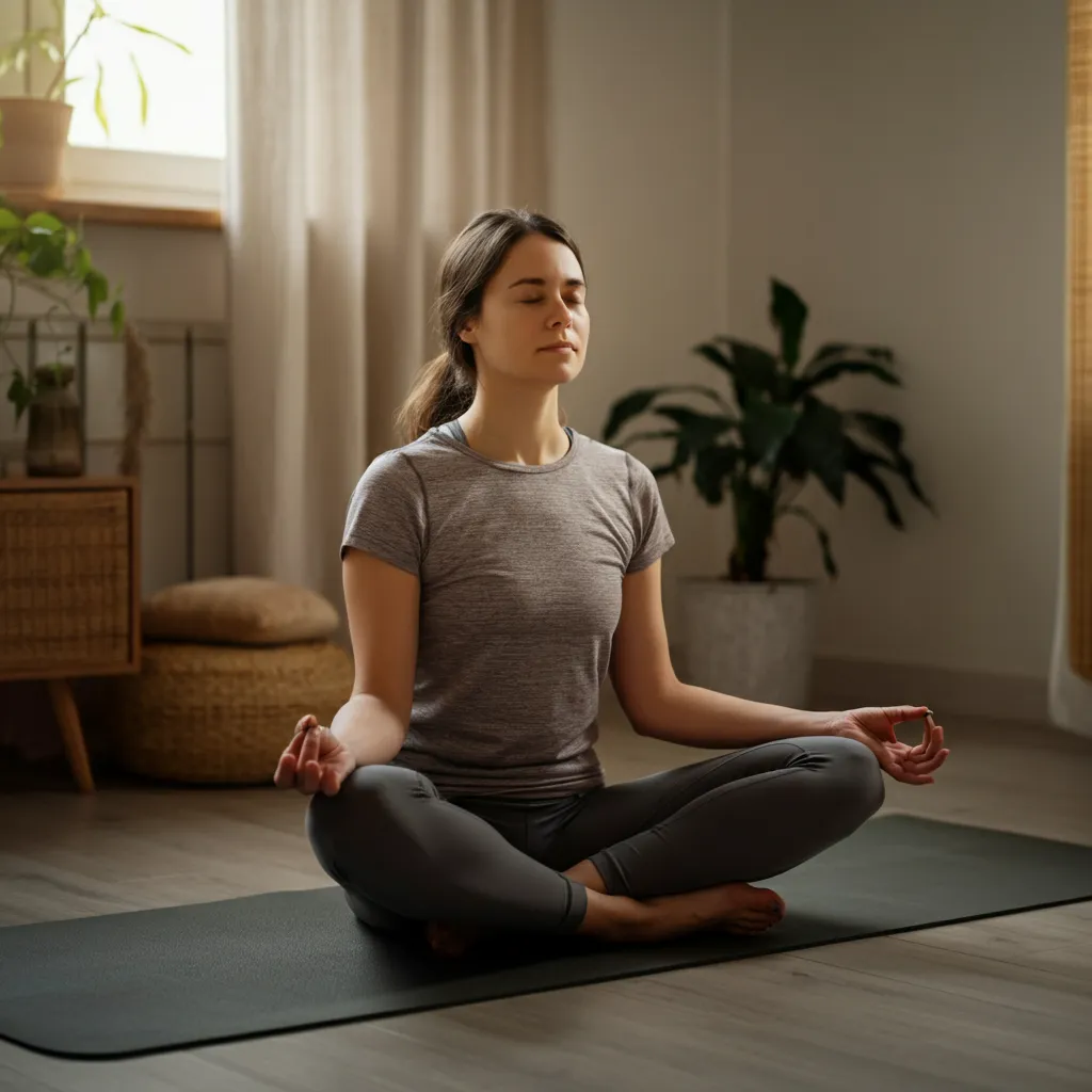 Person practicing stress management techniques, such as deep breathing, to cope with life's challenges and improve mental well-being.