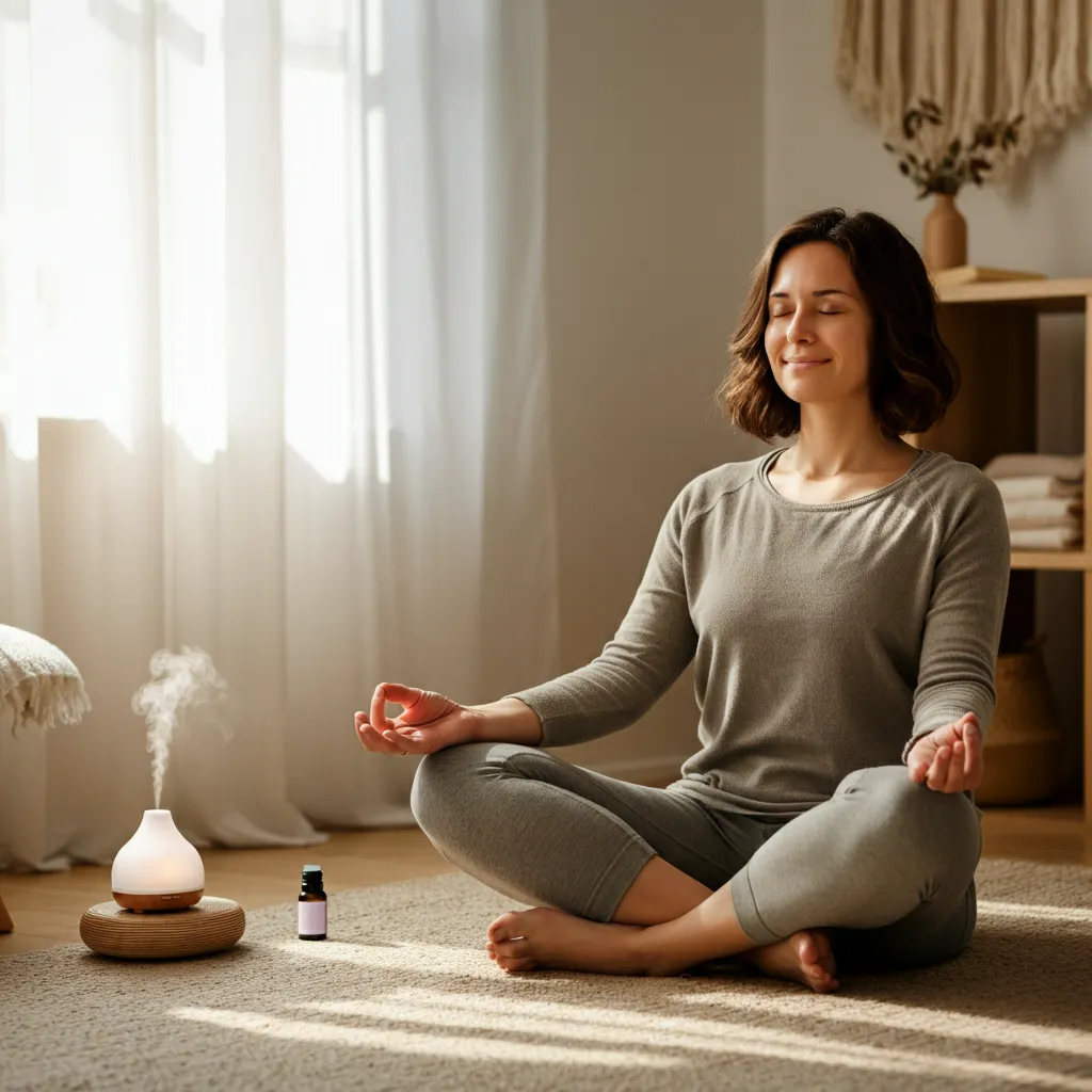 Person practicing stress management techniques with essential oils for relaxation and well-being.