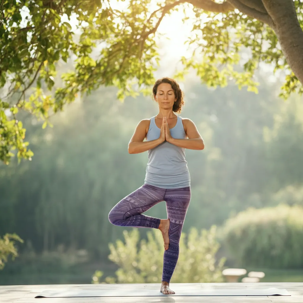 Serene person practicing stress management techniques like deep breathing, yoga, and spending time in nature to protect brain health and prevent cognitive decline.