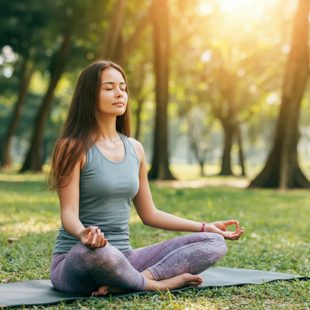 Person practicing stress management techniques like deep breathing, yoga, and spending time in nature to improve focus and reduce mental clutter.