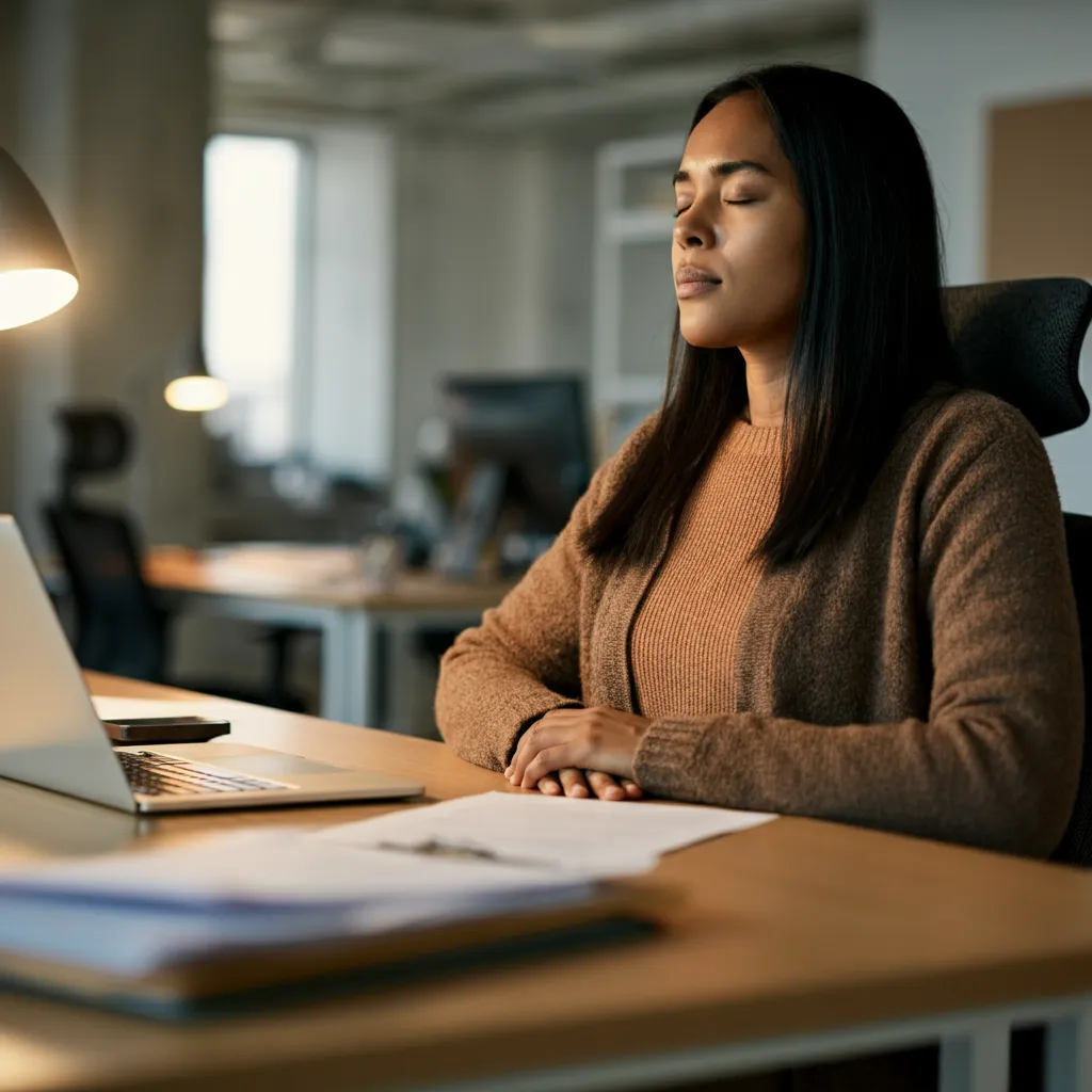 Person practicing stress reduction techniques, such as deep breathing and mindfulness, to manage workplace stress and improve well-being.