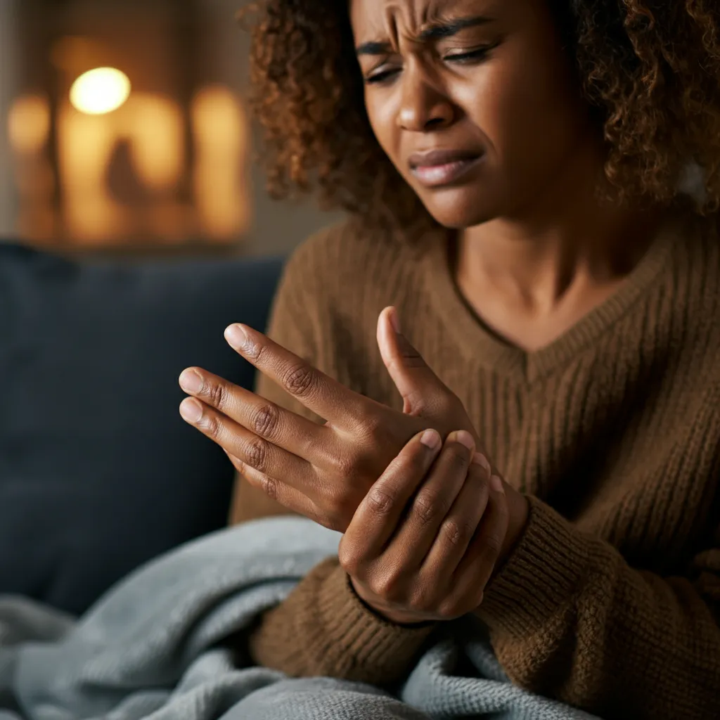 Conceptual image of stress-related neuropathy symptoms, such as tingling or numbness in hands and feet.