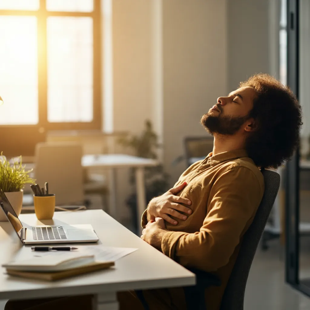 Person using stress reduction techniques at work, including deep breathing exercises and talking with a colleague.