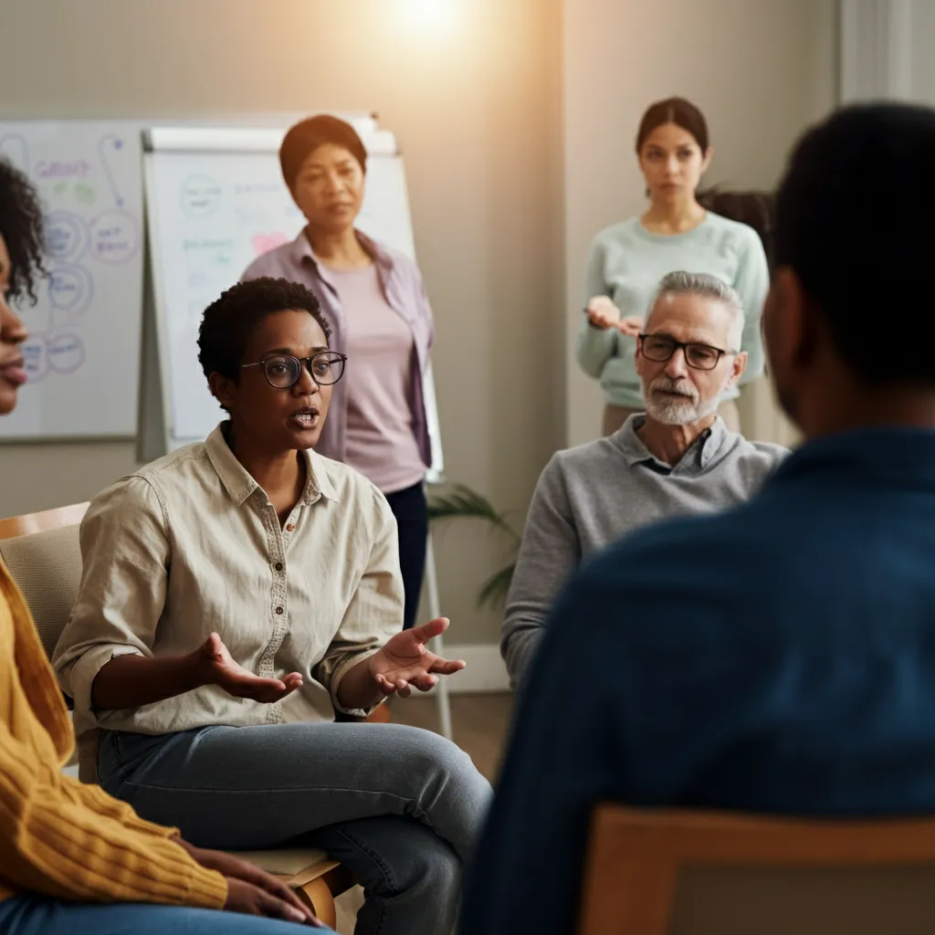 A calming image representing various treatment options for stuttering anxiety disorder, including speech therapy, CBT, exposure therapy, medication, and support groups.