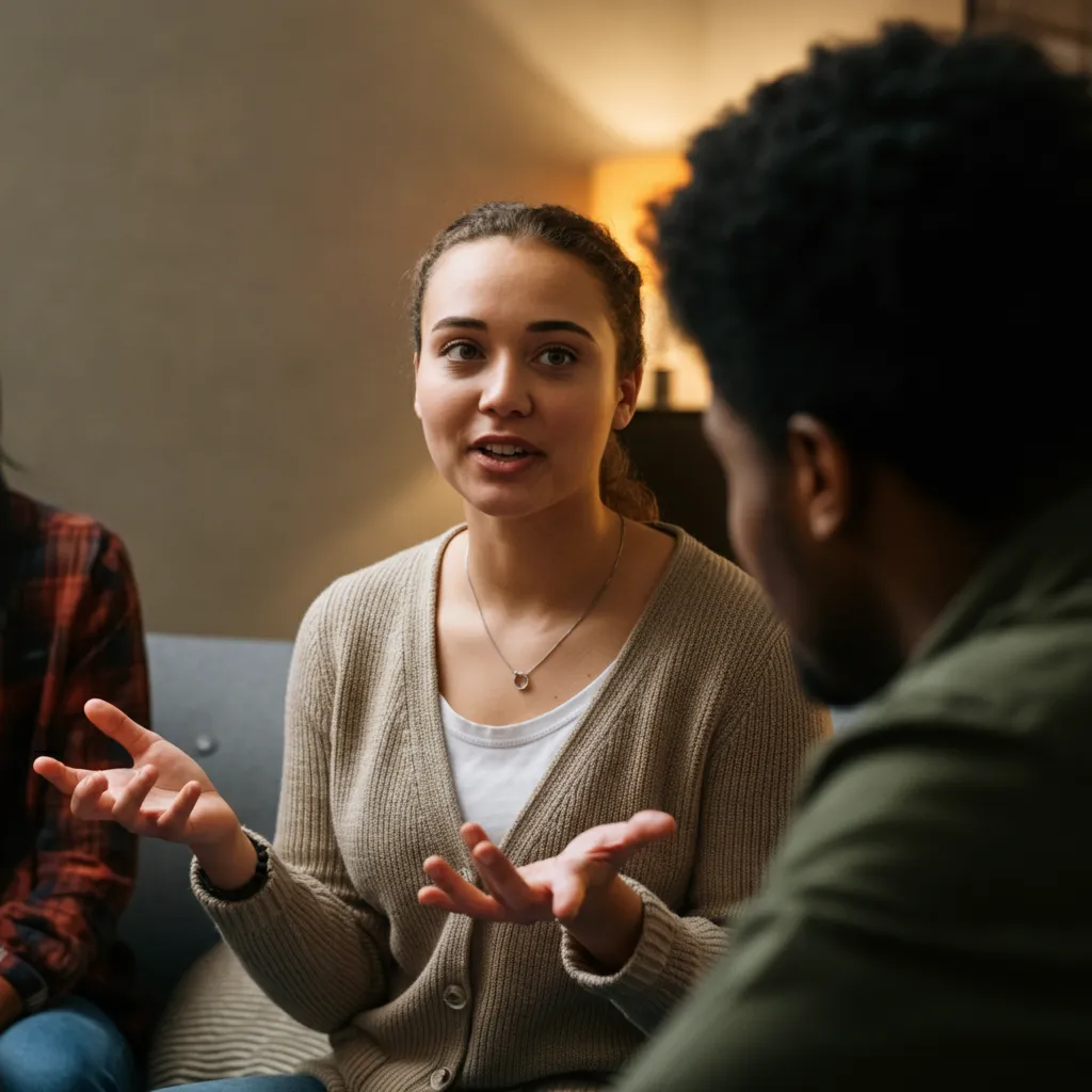 Person navigating social situations and overcoming stuttering anxiety.