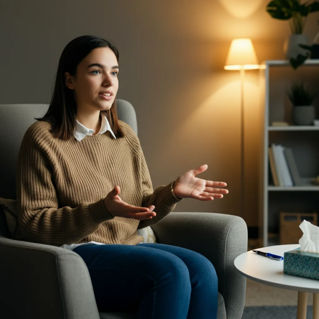 Person smiling and engaging in conversation, representing effective treatment options for stuttering and anxiety.