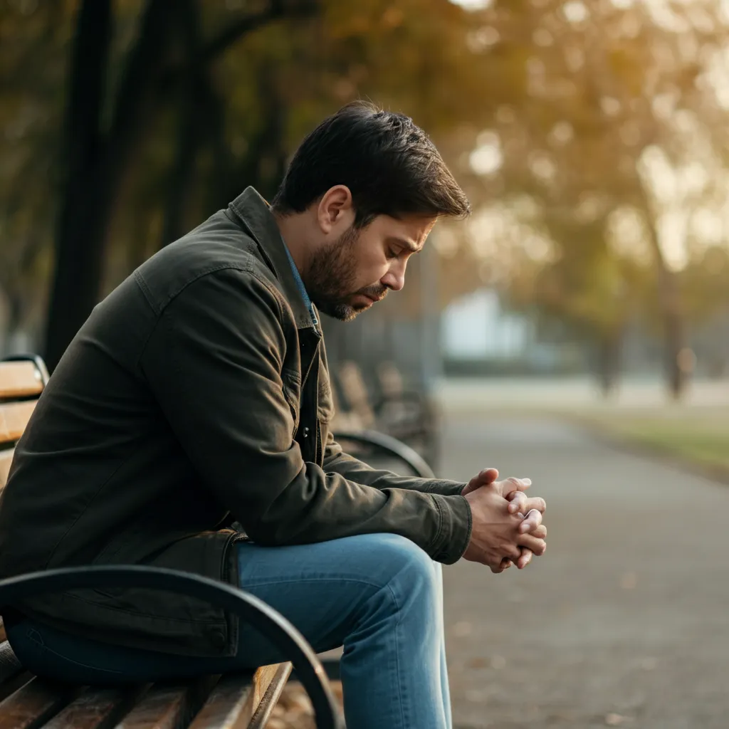 A man sits alone, looking lost in thought, symbolizing the subtle signs of emotional pain he might be experiencing.