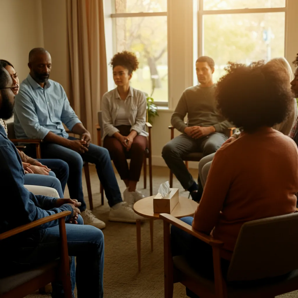 Diverse group of people sitting in a circle, engaged in a supportive and understanding conversation, symbolizing the benefits of participating in a support group for mental health.