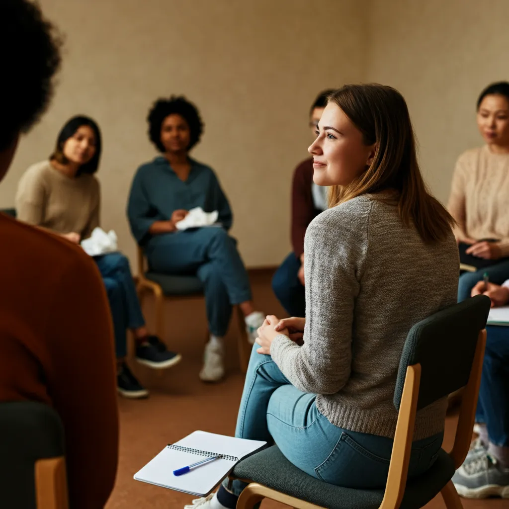 Person attending their first support group meeting, feeling supported and understood.